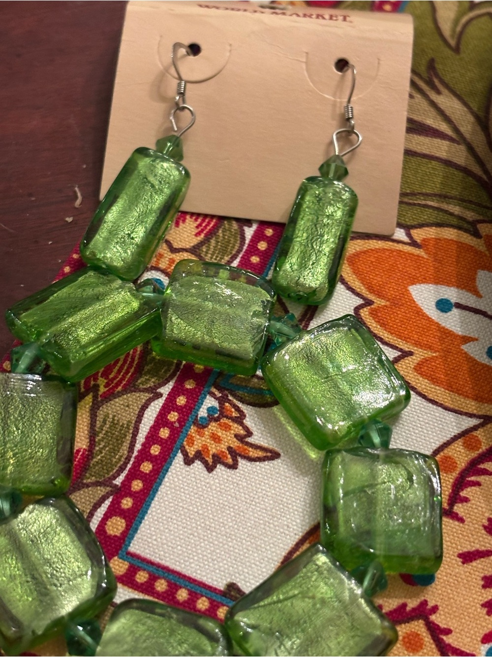 Green Glass Bead Necklace & Earrings Set by